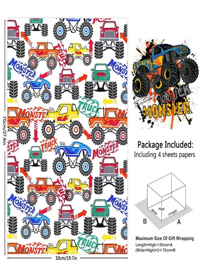 Geluode Monster Trucks Wrapping Paper, Dune Buggy Off Road Vehicles Racing Car Jumping Adventure Wrapping Paper,4 Sheets Folded Flat 28x20 inch Gift Paper for Boys Girls Kids Birthday Party - Image 2